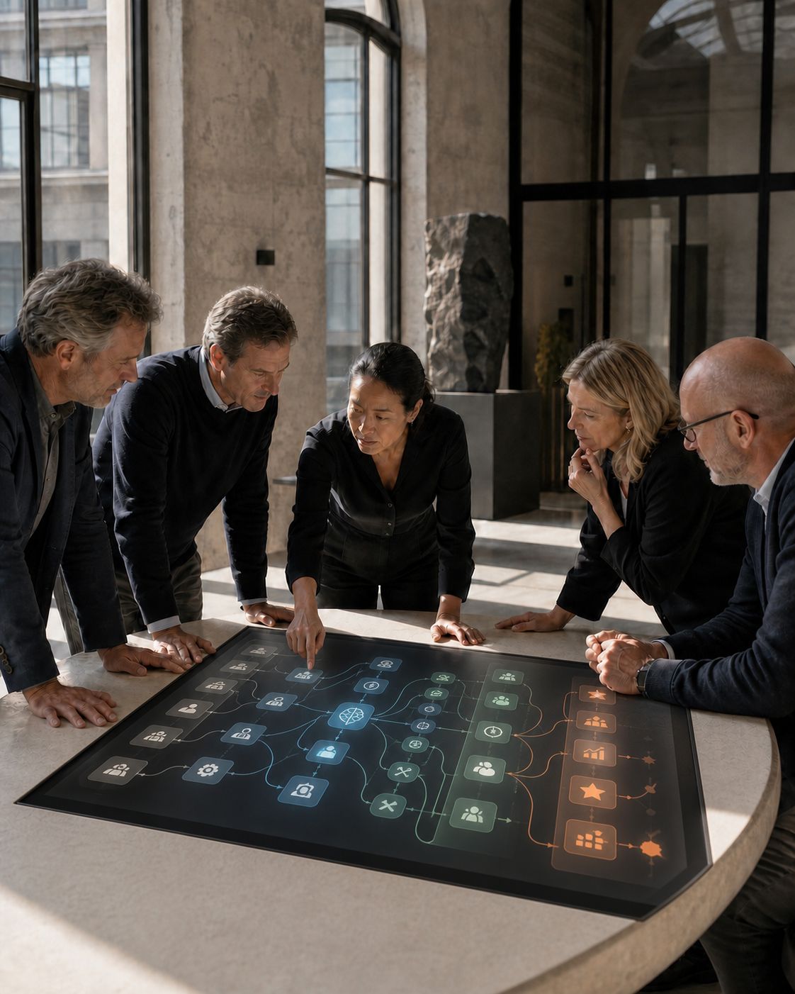 Cinq dirigeants penchés sur une table lumineuse affichant un schéma de flux