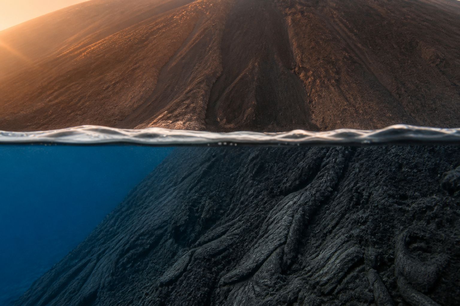 Coupe au ras de l'eau : le flanc éclairé d'un volcan au-dessus, la masse immergée en dessous