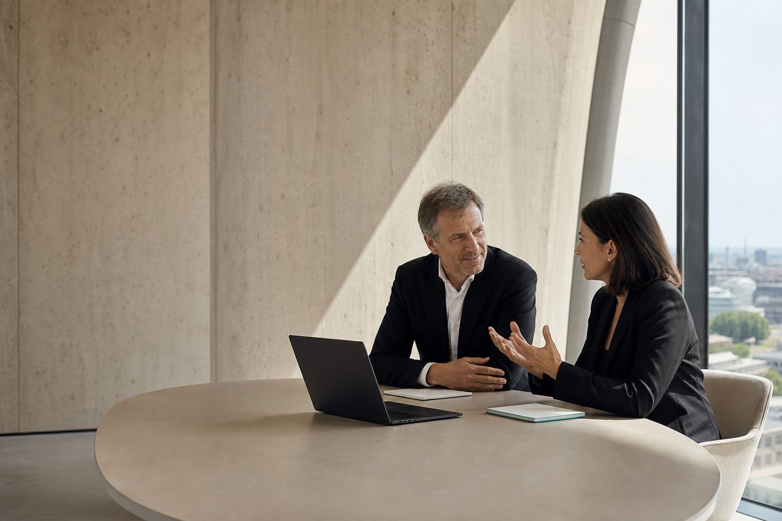 Deux dirigeants en conversation autour d'une table ronde en béton